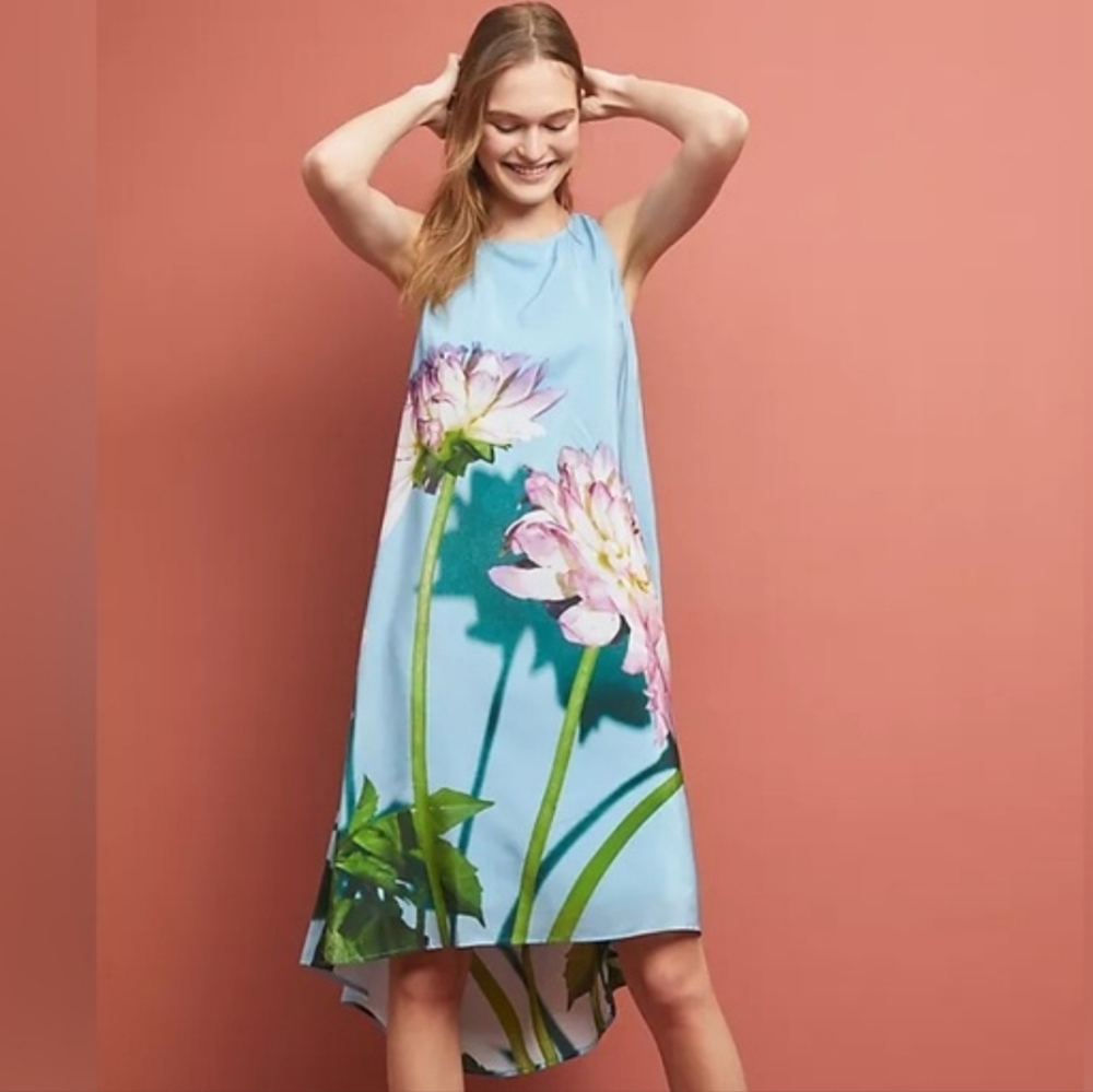 Anthropologie Photorealistic Blue Peonies Floral Shift Silk Dress Size 4
